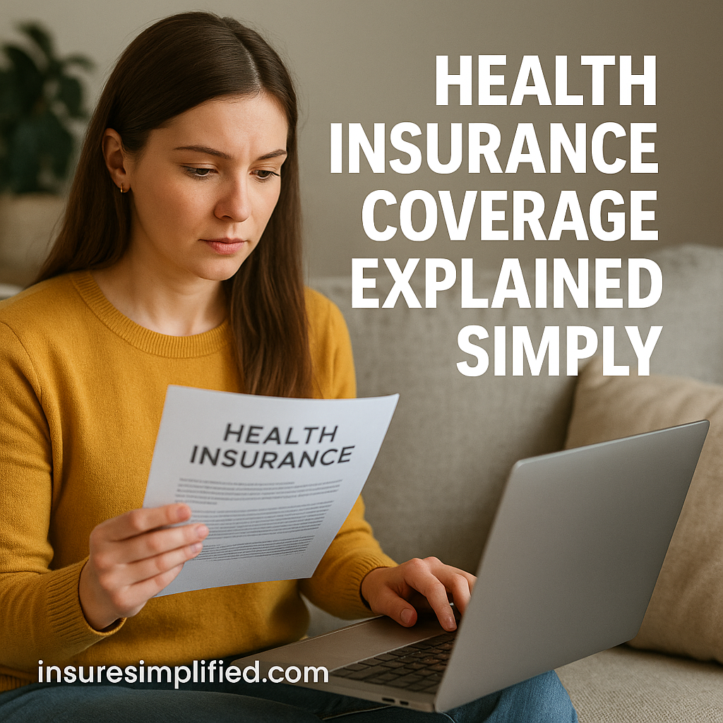 Woman sitting on a sofa reading a health insurance document while using her laptop.