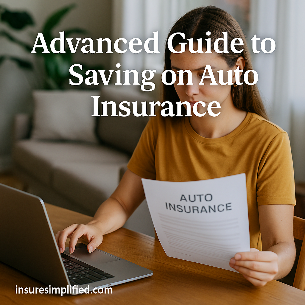 Woman sitting at a table reviewing an auto insurance document while using her laptop.