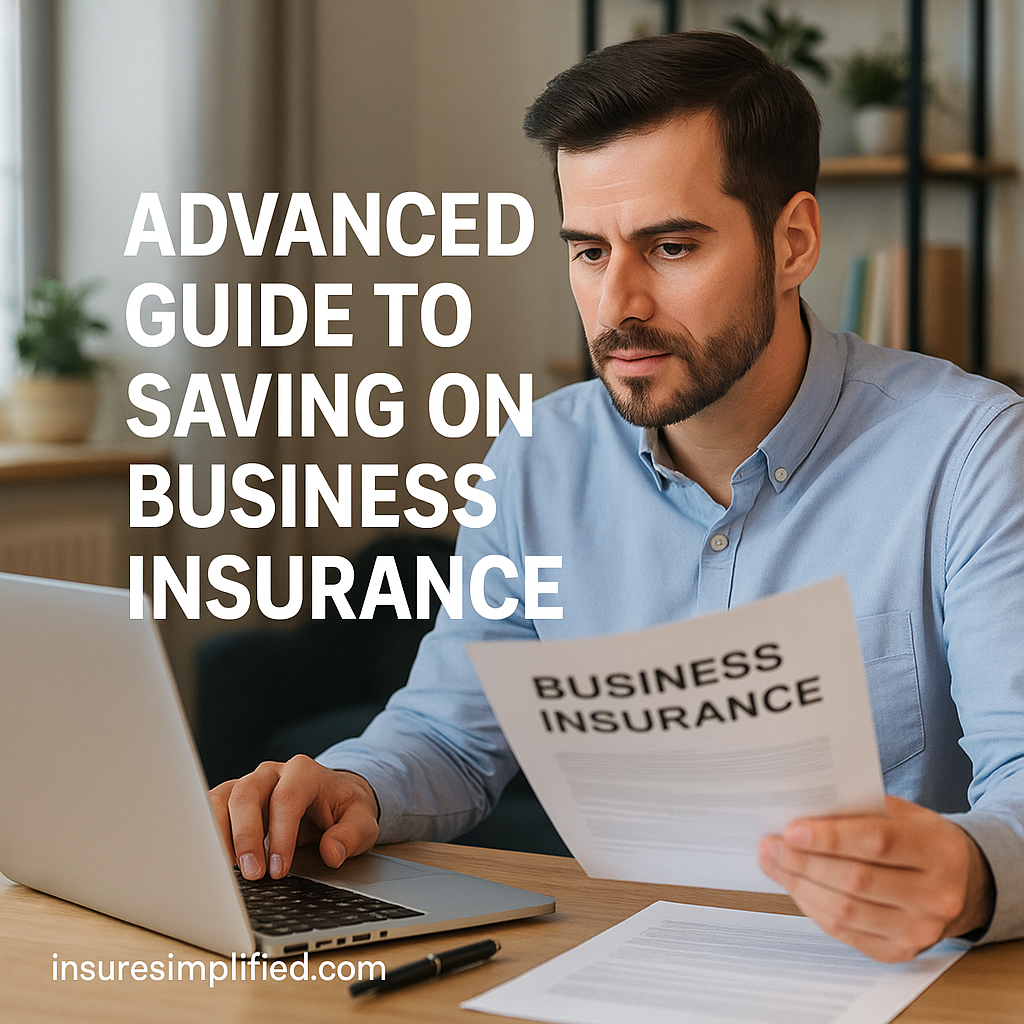 Man sitting at a desk reviewing a business insurance document while working on his laptop in a modern office.