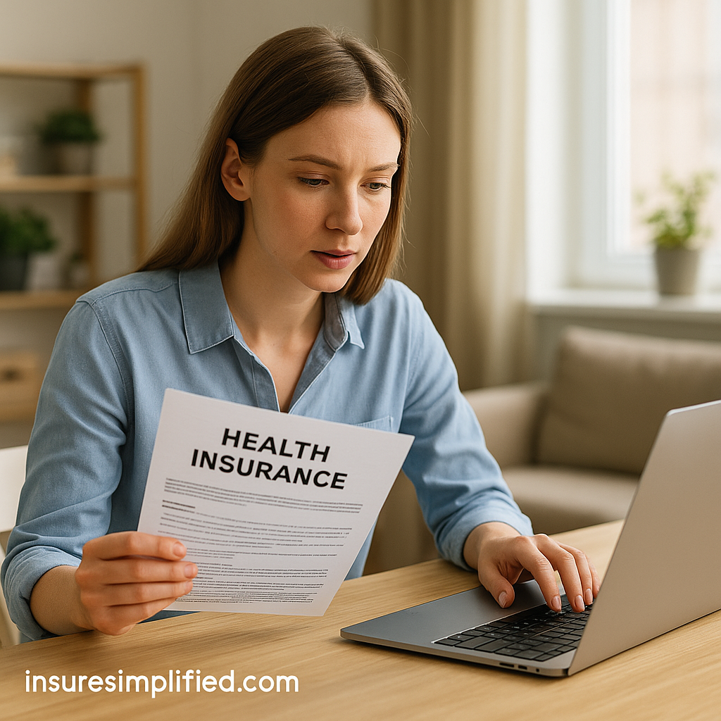 Woman sitting at a table reviewing a health insurance document while using her laptop in a bright living room.