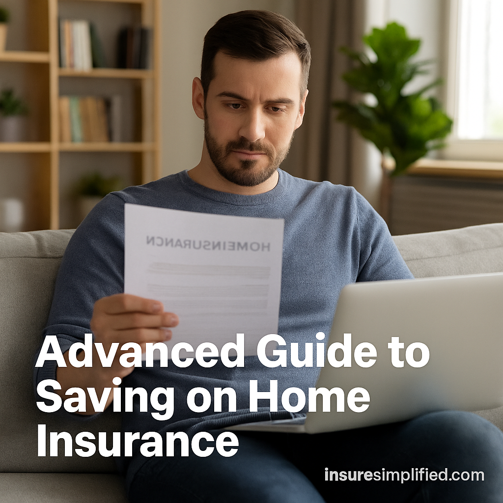 Man sitting on a sofa reviewing a home insurance document while using his laptop in a well-lit living room.