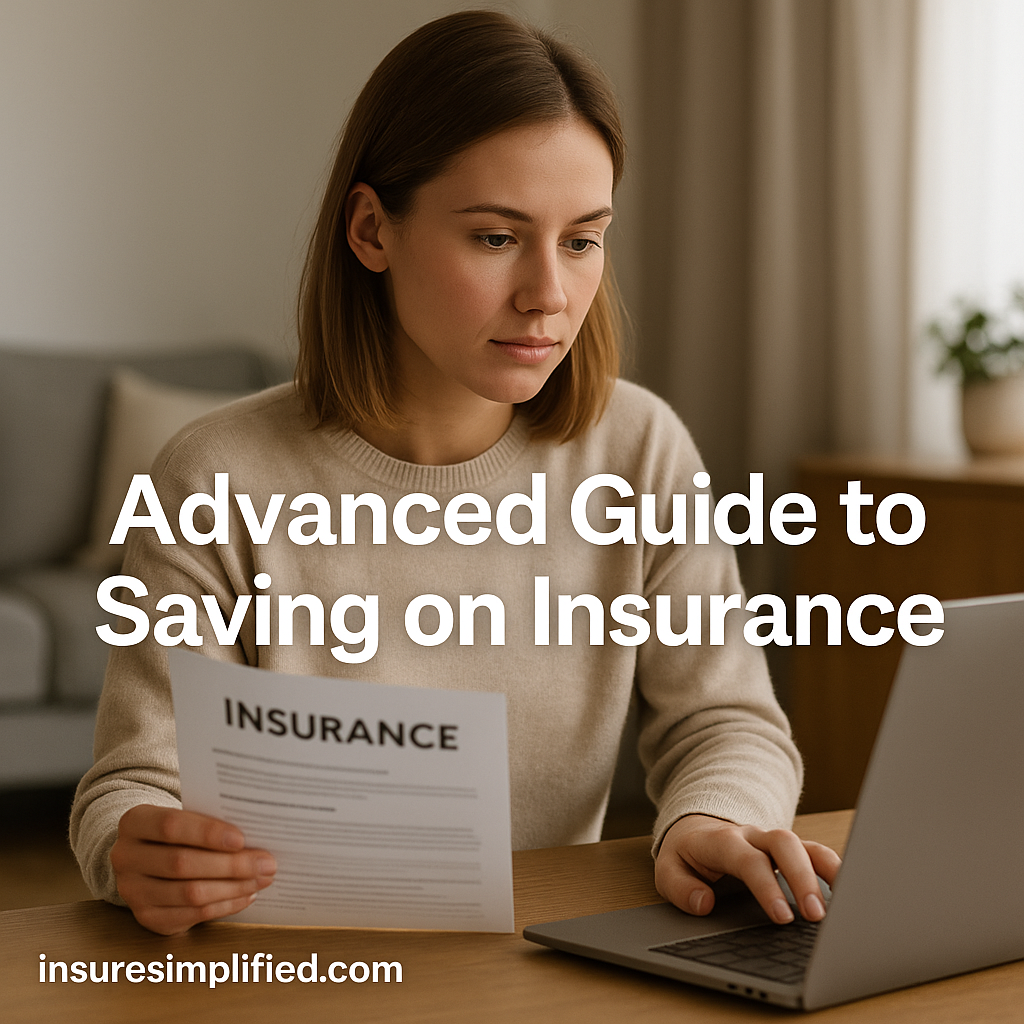 Woman sitting at a table holding an insurance document while using her laptop in a softly lit living room.