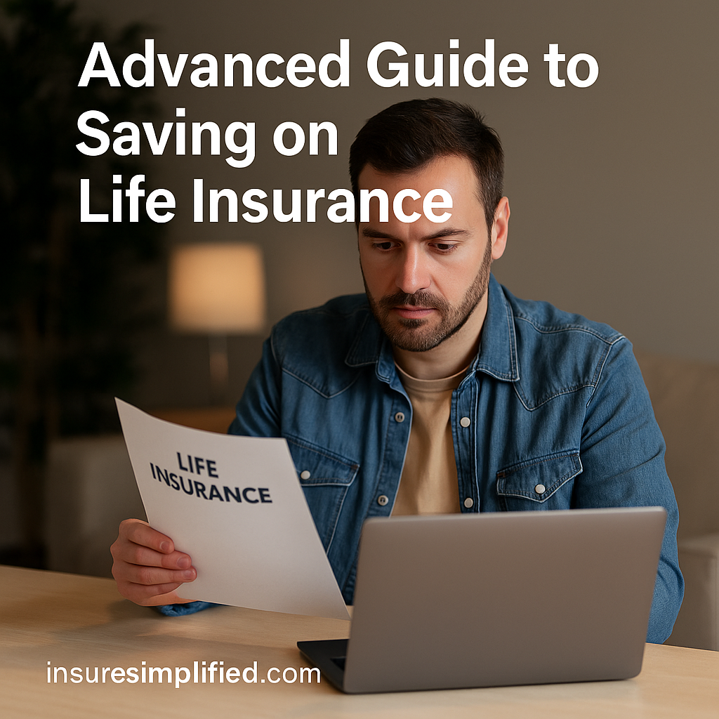 Man sitting at a table reading a life insurance document while using his laptop at home.