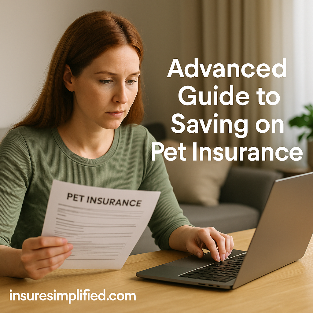 Woman reviewing a pet insurance document while using her laptop at a table in a bright living room.