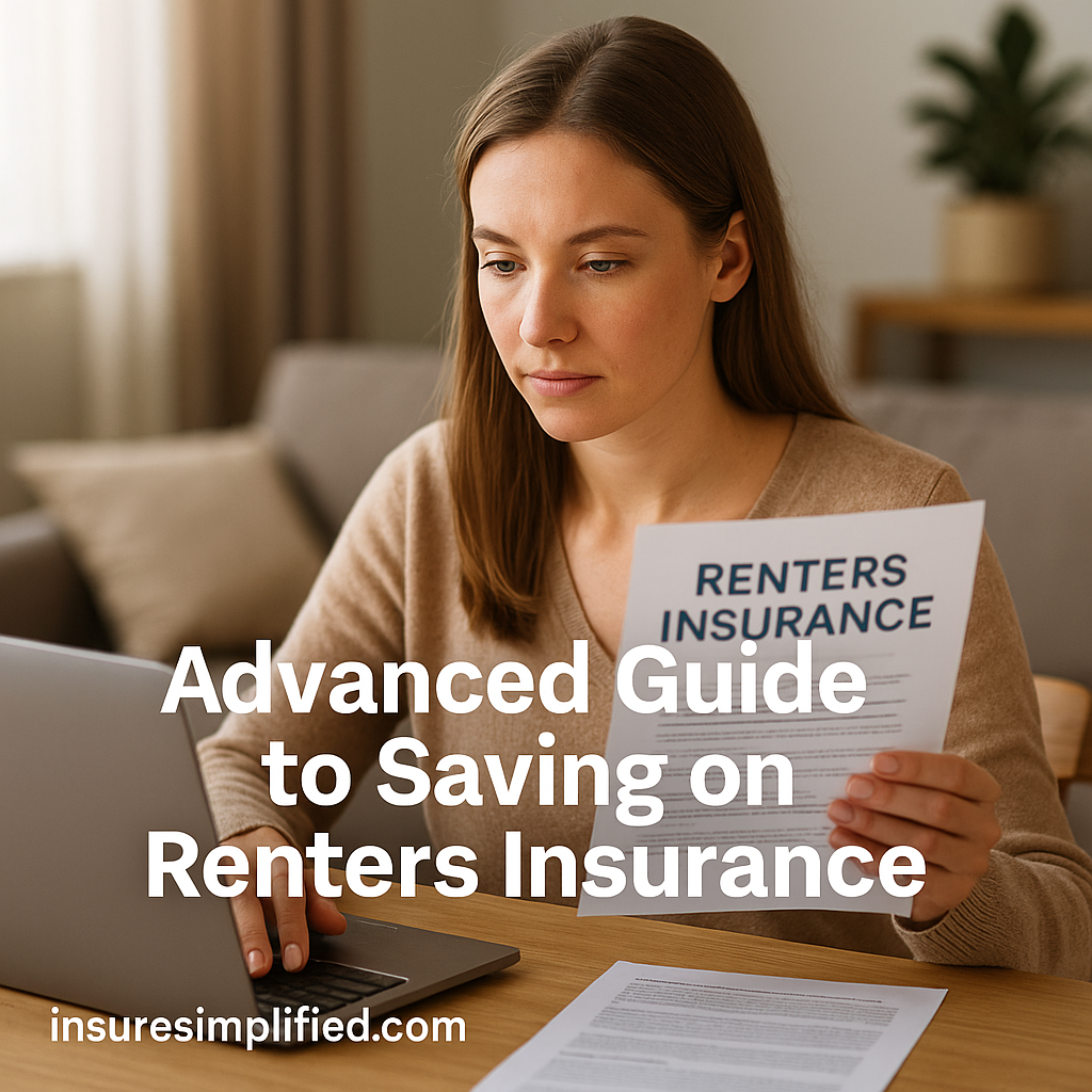 Woman reviewing a renters insurance document while using her laptop at a table in a well-lit living room.
