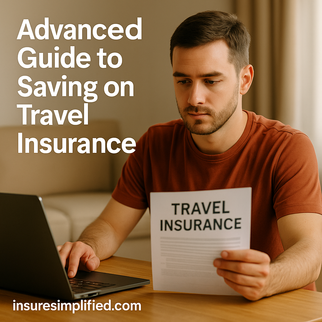 Man sitting at a table reviewing a travel insurance document while using his laptop in a bright living room.