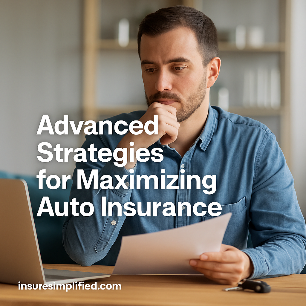 A man in his mid-30s reviewing auto insurance documents at a desk with a laptop and car keys nearby, featuring the overlaid title “Advanced Strategies for Maximizing Auto Insurance” and an insuresimplified.com watermark in the bottom left.