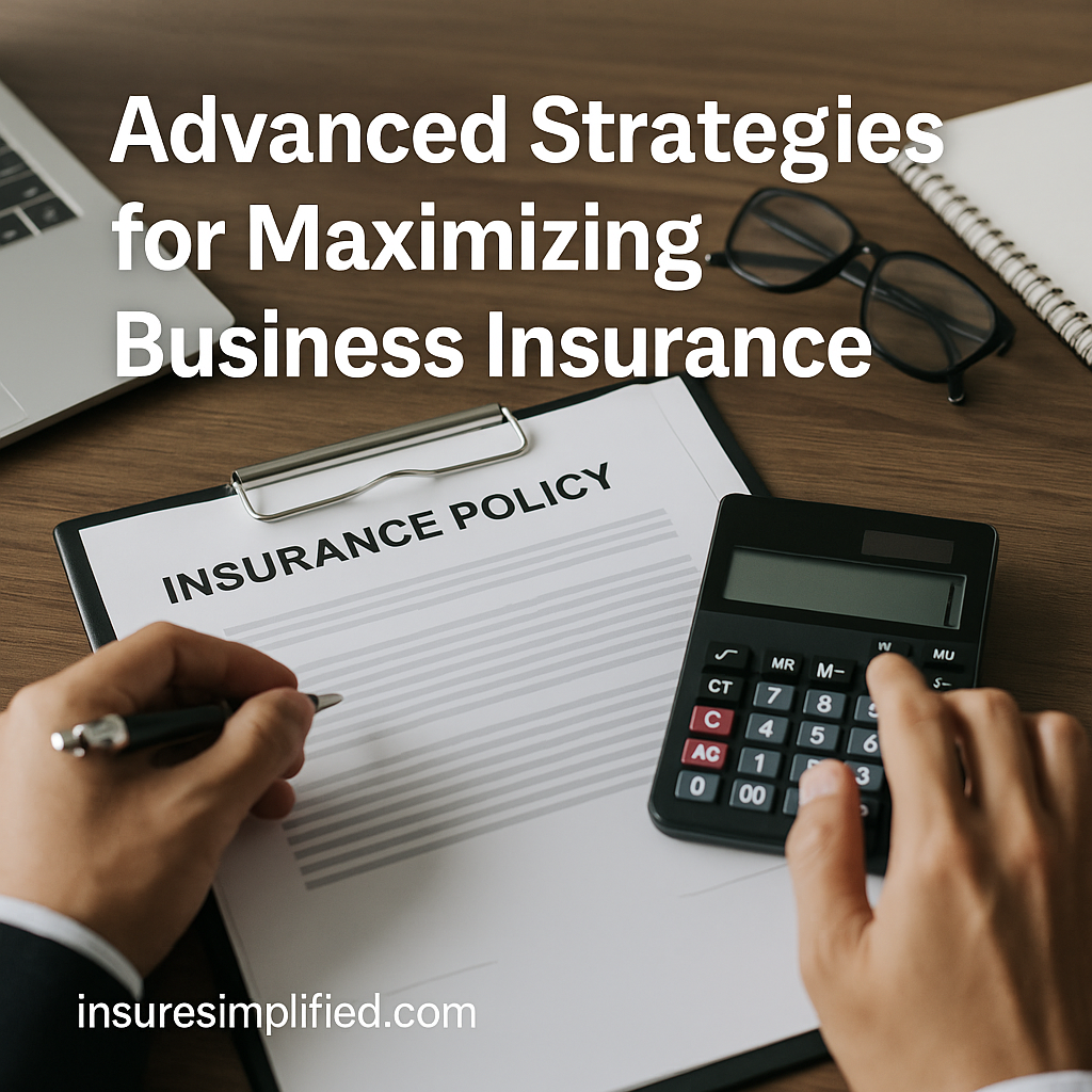 A close-up view of a business professional reviewing an insurance policy on a clipboard while using a calculator, with the title “Advanced Strategies for Maximizing Business Insurance” overlaid on the image and an insuresimplified.com watermark in the bottom left.