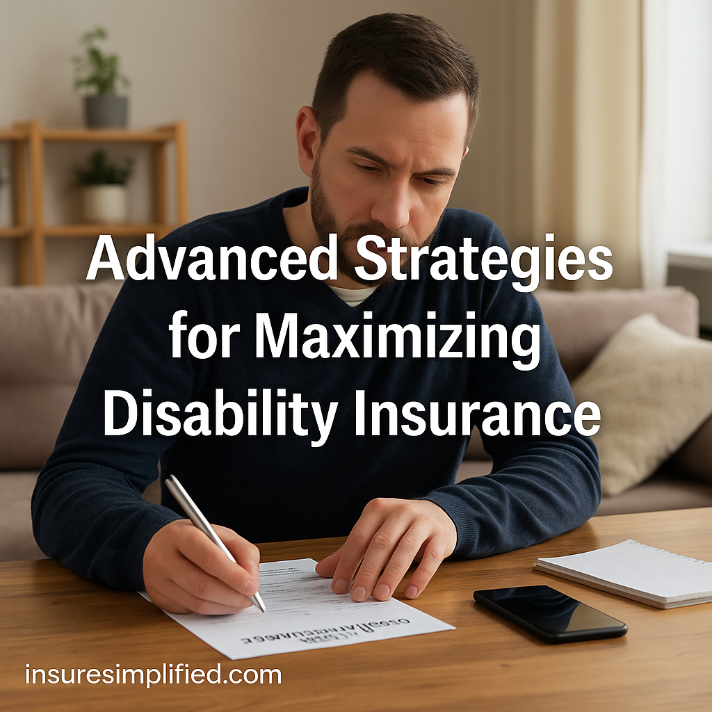 A man reviewing disability insurance paperwork at a table in a bright living room, with the title “Advanced Strategies for Maximizing Disability Insurance” overlaid on the image and an insuresimplified.com watermark in the bottom left.