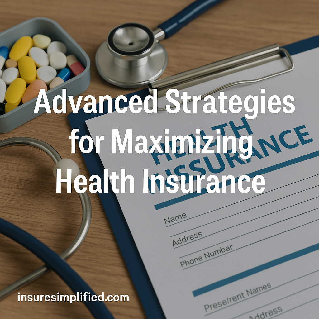 A health insurance form on a clipboard surrounded by a stethoscope and a container of colorful pills, with the title “Advanced Strategies for Maximizing Health Insurance” overlaid on the image and an insuresimplified.com watermark in the bottom left.