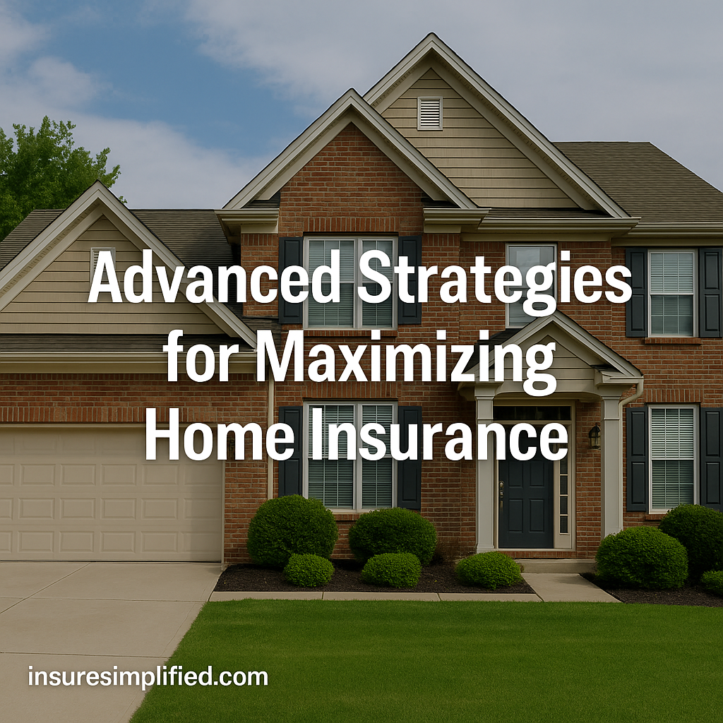 A high-resolution photo of a two-story brick home with bold white overlay text reading “Advanced Strategies for Maximizing Home Insurance” and an insuresimplified.com watermark in the bottom left.