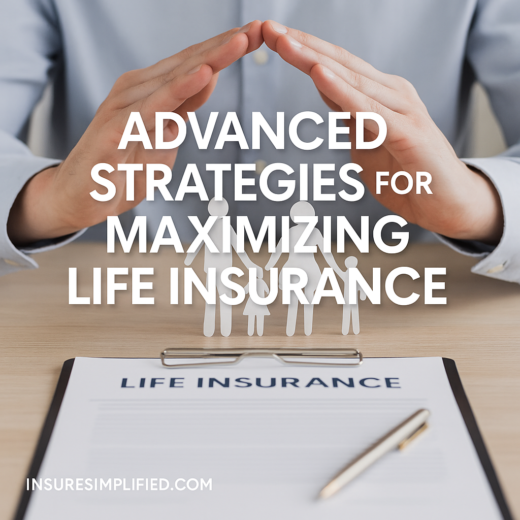 A close-up scene showing hands forming a protective gesture over paper cutout figures of a family beside a life insurance document, with the title “Advanced Strategies for Maximizing Life Insurance” overlaid on the image and an insuresimplified.com watermark in the bottom left.