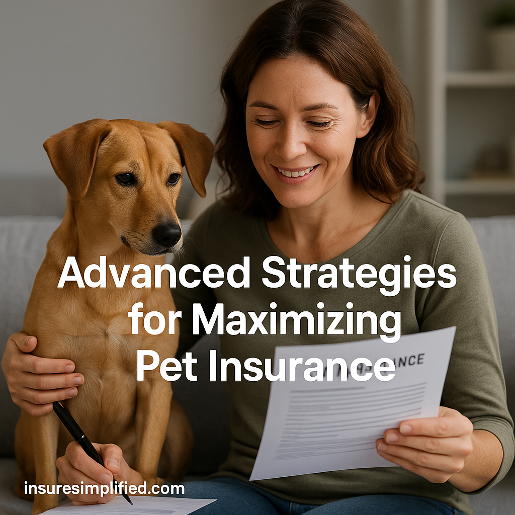 A woman reviewing pet insurance documents at a table with her dog sitting beside her, with the overlaid title “Advanced Strategies for Maximizing Pet Insurance” and an insuresimplified.com watermark in the bottom left.