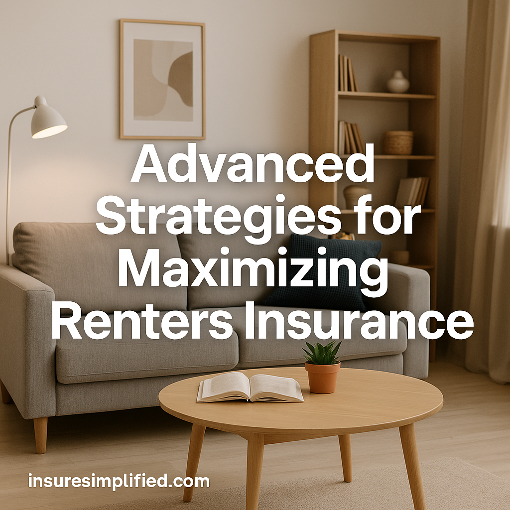 A neatly decorated living room with a beige sofa, wooden coffee table, and bookshelf, featuring the overlaid title “Advanced Strategies for Maximizing Renters Insurance” and an insuresimplified.com watermark in the bottom left.