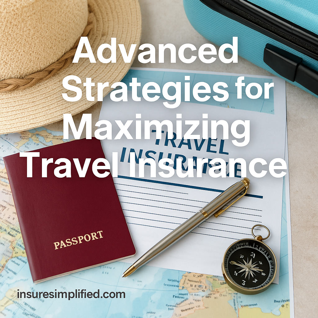 A travel insurance form placed on a world map alongside a passport, compass, pen, and sun hat, with the title “Advanced Strategies for Maximizing Travel Insurance” overlaid on the image and an insuresimplified.com watermark in the bottom left.