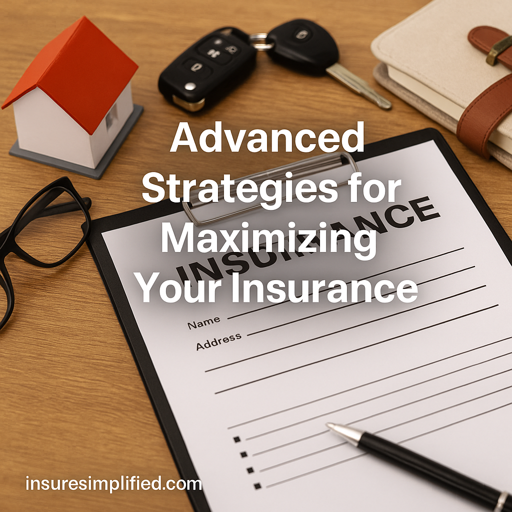 A clipboard with an insurance form, eyeglasses, house model, car keys, and a wallet arranged on a wooden surface, with the overlaid title “Advanced Strategies for Maximizing Your Insurance” and an insuresimplified.com watermark in the bottom left.