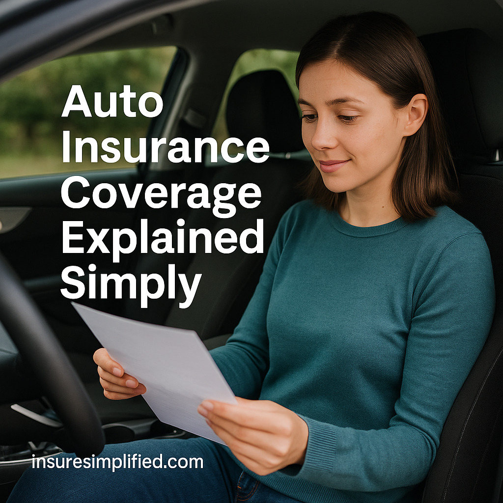 Woman sitting in the driver’s seat of a car while reading a document related to auto insurance coverage.