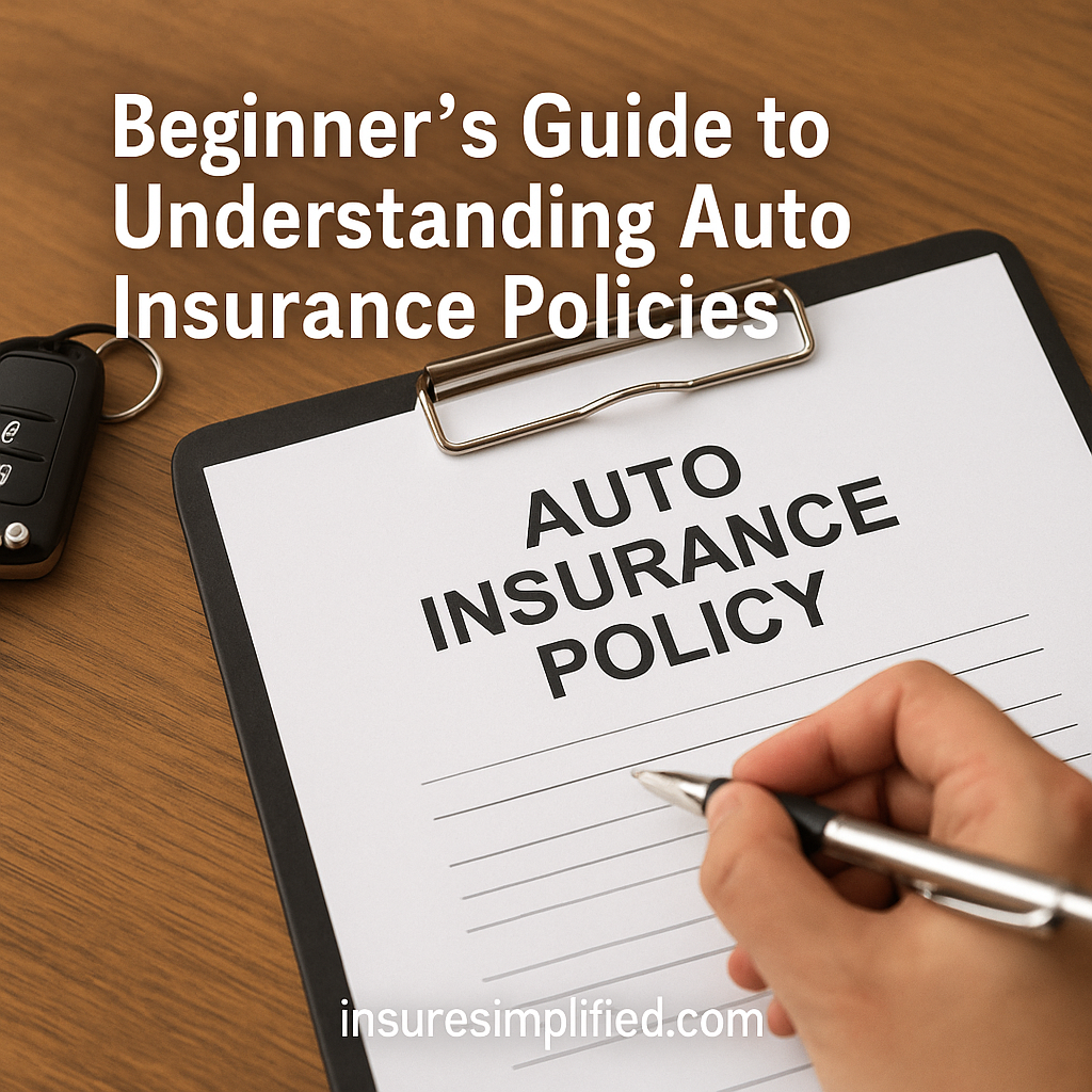 Close-up of a person holding a pen while reviewing an “Auto Insurance Policy” document on a clipboard, with car keys on the table and the overlaid title “Beginner’s Guide to Understanding Auto Insurance Policies,” along with an insuresimplified.com watermark.