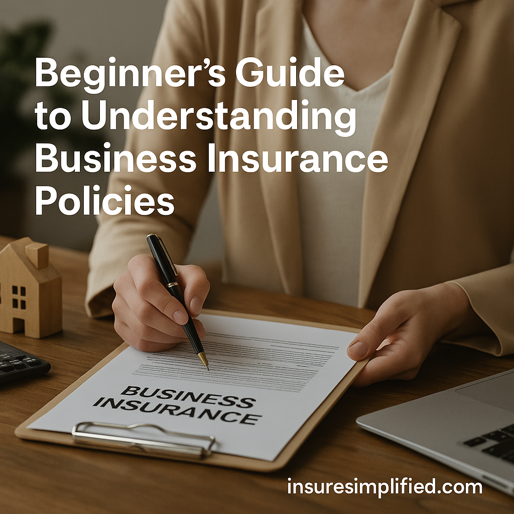 Person in a beige blazer reviewing a business insurance policy on a clipboard at a wooden desk, with a small wooden house model, calculator, and laptop nearby, featuring the overlaid title “Beginner’s Guide to Understanding Business Insurance Policies” and an insuresimplified.com watermark.