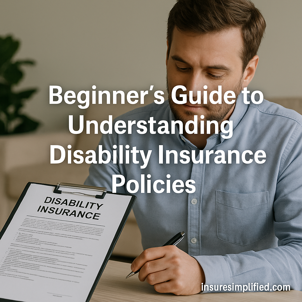 Man reviewing a disability insurance policy on a clipboard at a desk, with the title “Beginner’s Guide to Understanding Disability Insurance Policies” overlaid and an insuresimplified.com watermark.