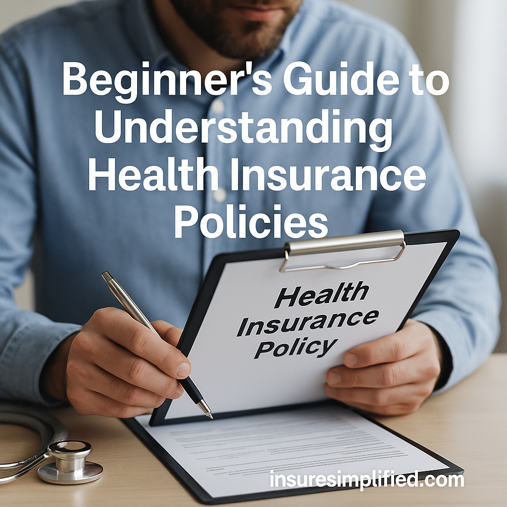 Man in a light blue shirt reviewing a health insurance policy on a clipboard with a stethoscope nearby, featuring the title “Beginner’s Guide to Understanding Health Insurance Policies” and an insuresimplified.com watermark.