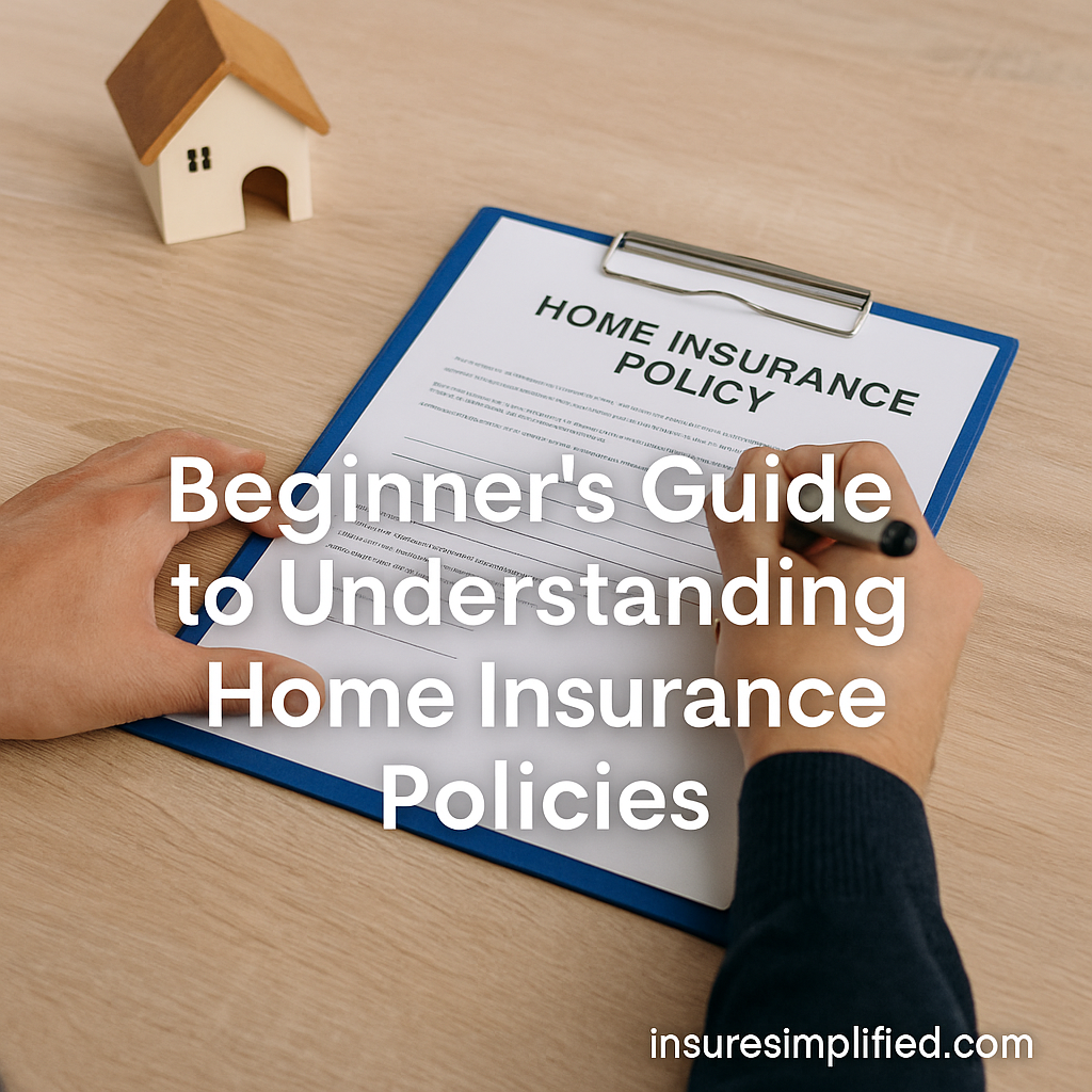 Person reviewing a home insurance policy on a clipboard with a small wooden house model nearby, featuring the overlaid title “Beginner’s Guide to Understanding Home Insurance Policies” and an insuresimplified.com watermark.