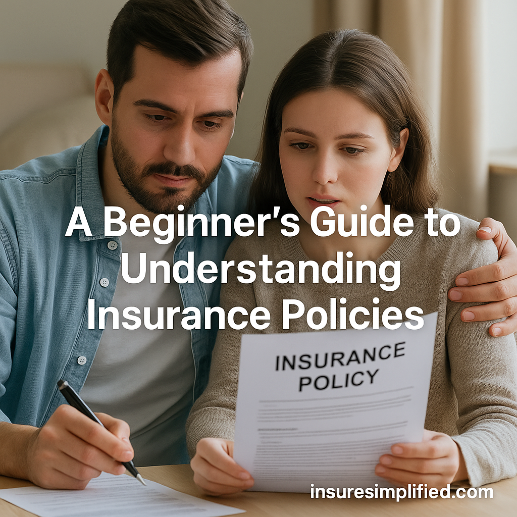 Young couple reviewing an insurance policy document at a table, with the overlaid title “A Beginner’s Guide to Understanding Insurance Policies” and an insuresimplified.com watermark.