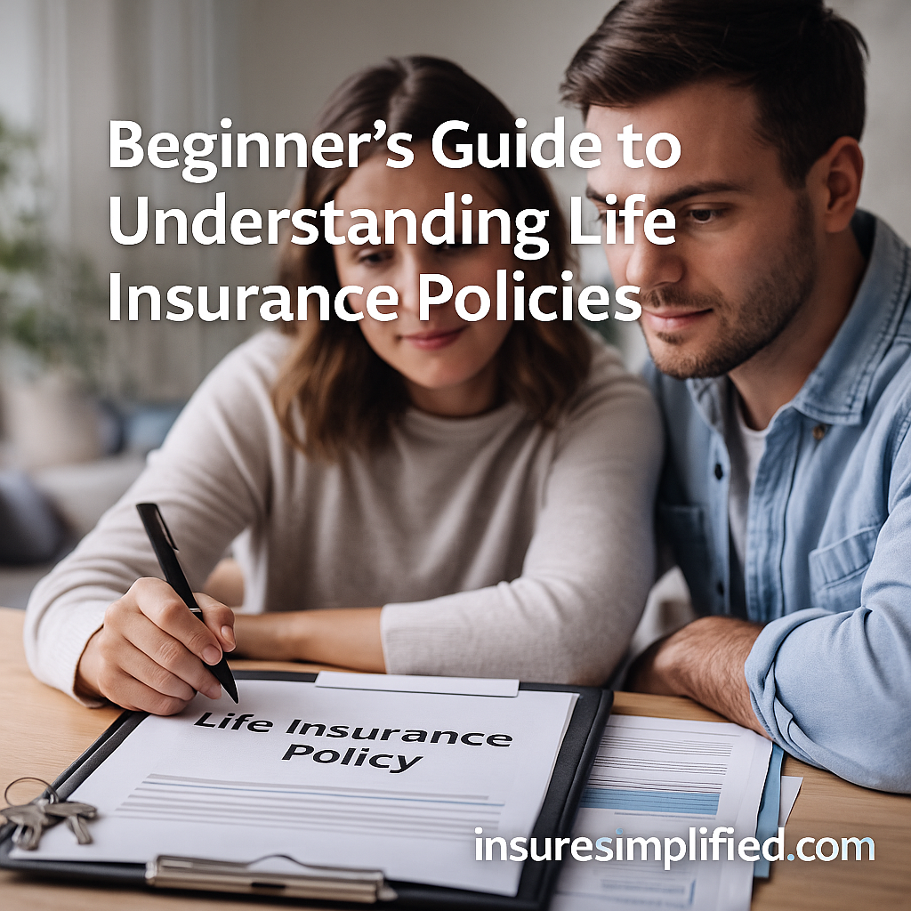 Man reviewing a life insurance policy on a clipboard while sitting at a wooden table, with the title “Beginner’s Guide to Understanding Life Insurance Policies” and an insuresimplified.com watermark.