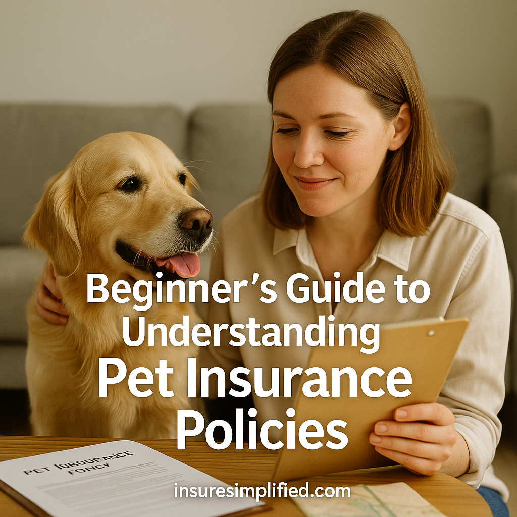 Woman smiling while reviewing a pet insurance policy beside a happy golden retriever, with the title “Beginner’s Guide to Understanding Pet Insurance Policies” and an insuresimplified.com watermark.