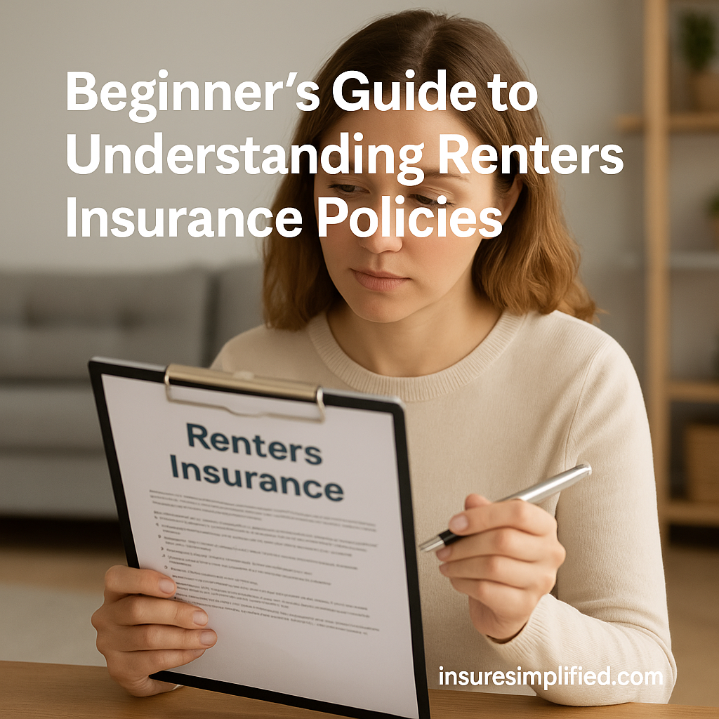 Young woman reviewing a renters insurance policy on a clipboard while holding a pen, with the title “Beginner’s Guide to Understanding Renters Insurance Policies” and an insuresimplified.com watermark.