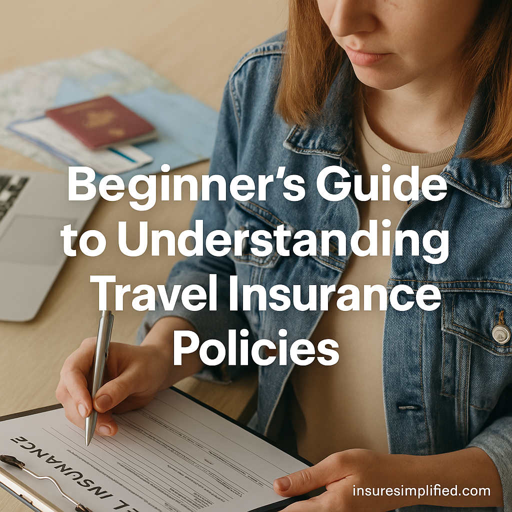 Woman reviewing a travel insurance policy on a clipboard while travel items such as a passport and map sit on the table, with the title “Beginner’s Guide to Understanding Travel Insurance Policies” and an insuresimplified.com watermark.