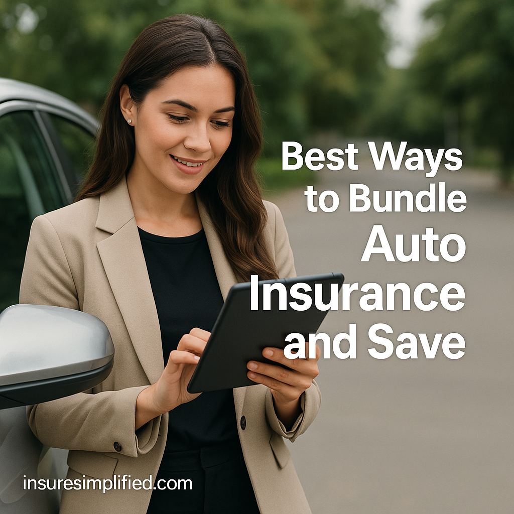 A realistic AI-generated woman standing beside a car while reviewing auto insurance information on a tablet, with the title “Best Ways to Bundle Auto Insurance and Save” displayed and insuresimplified.com watermark.