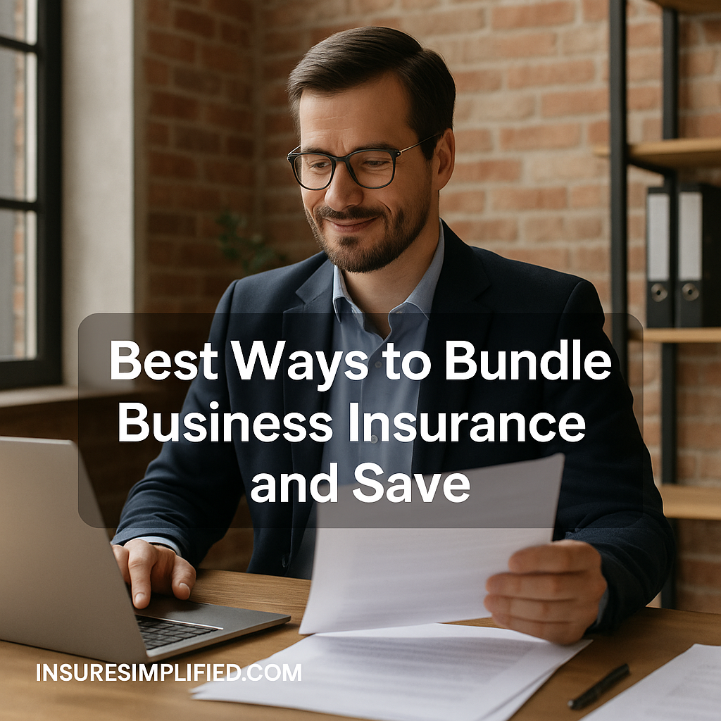 A businessman reviewing documents at his desk with a laptop nearby, featuring the overlaid title “Best Ways to Bundle Business Insurance and Save” and an insuresimplified.com watermark in the bottom left.