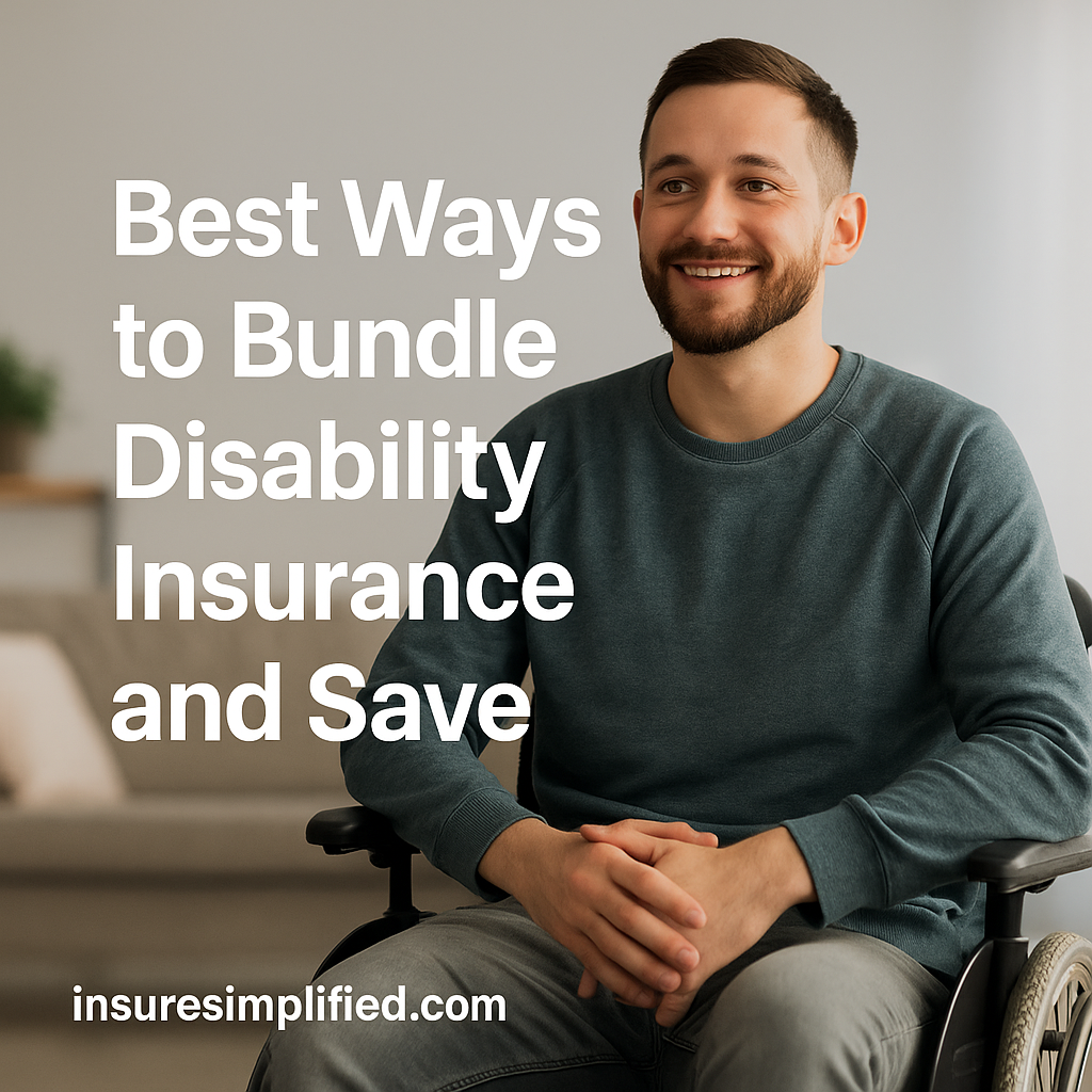A smiling man seated in a wheelchair inside a living room, with the title “Best Ways to Bundle Disability Insurance and Save” overlaid on the image and the insuresimplified.com watermark in the bottom left.