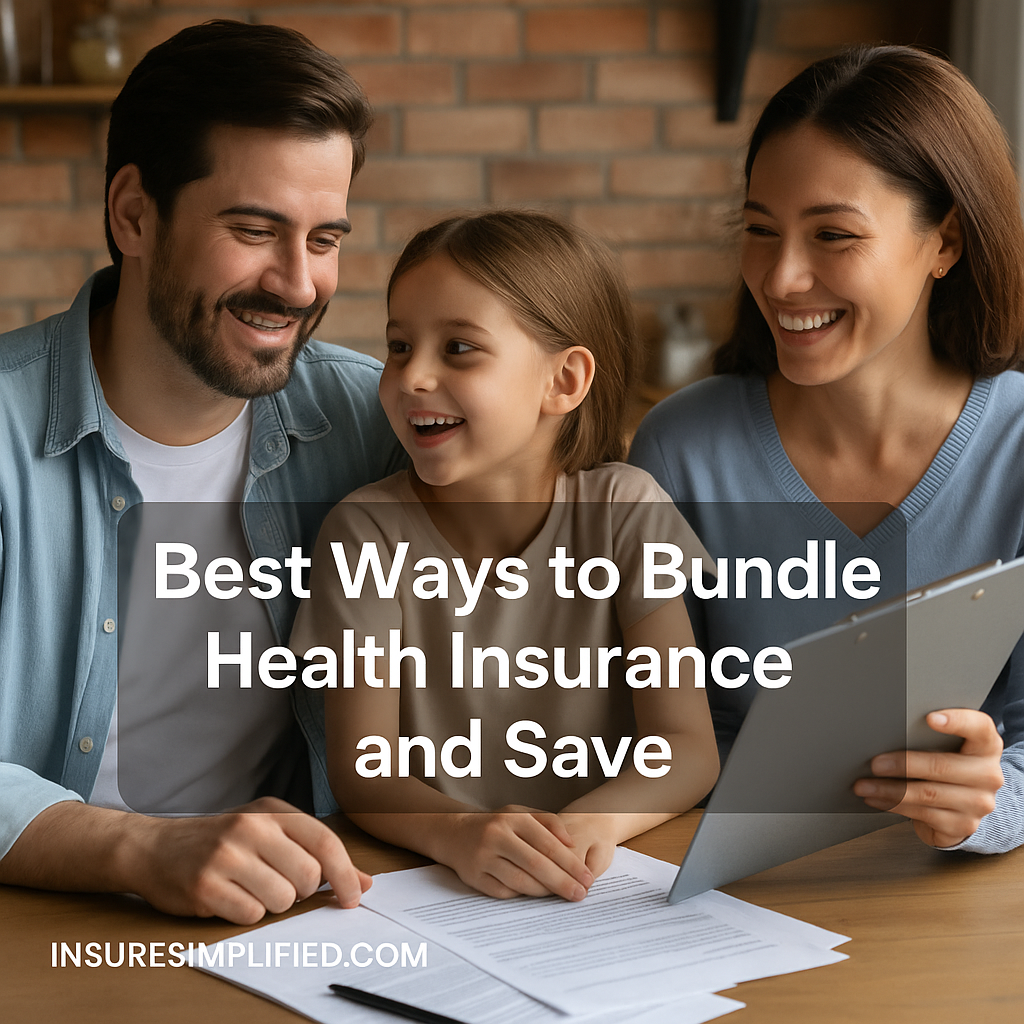 A smiling family reviews health insurance documents together at a kitchen table, with the title “Best Ways to Bundle Health Insurance and Save” displayed on the image and the insuresimplified.com watermark in the bottom left.