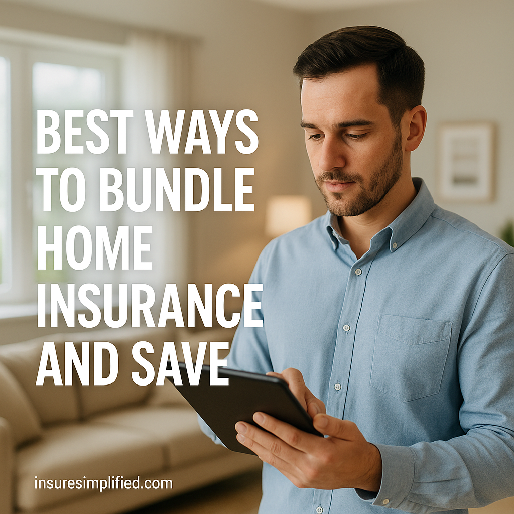 A man standing in a modern home interior while reviewing home insurance details on a tablet, with the title “Best Ways to Bundle Home Insurance and Save” displayed on the image.