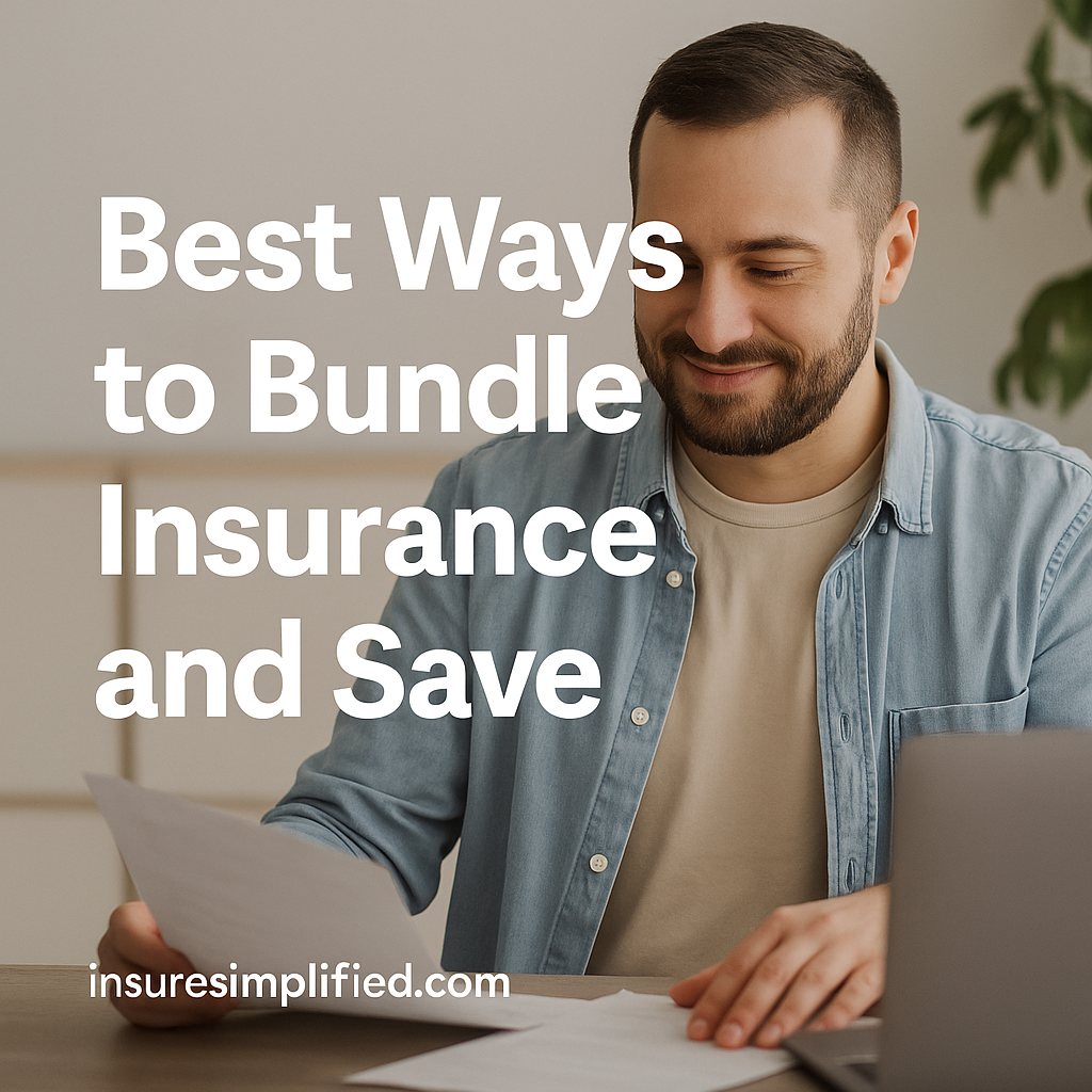 A man reviewing documents at his desk with a laptop open, featuring the overlaid title “Best Ways to Bundle Insurance and Save” and an insuresimplified.com watermark in the bottom left.