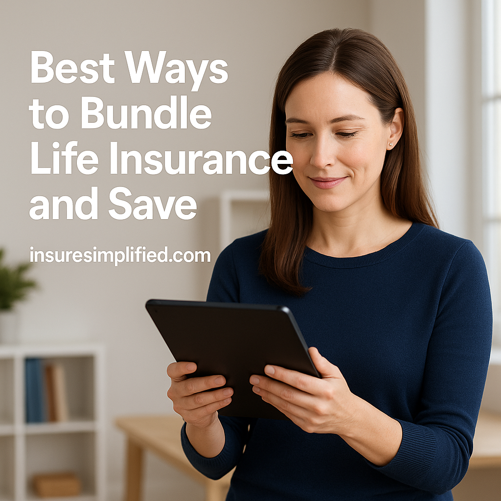 A woman standing in a modern home office reviewing life insurance details on a tablet, with the title “Best Ways to Bundle Life Insurance and Save” displayed on the image.