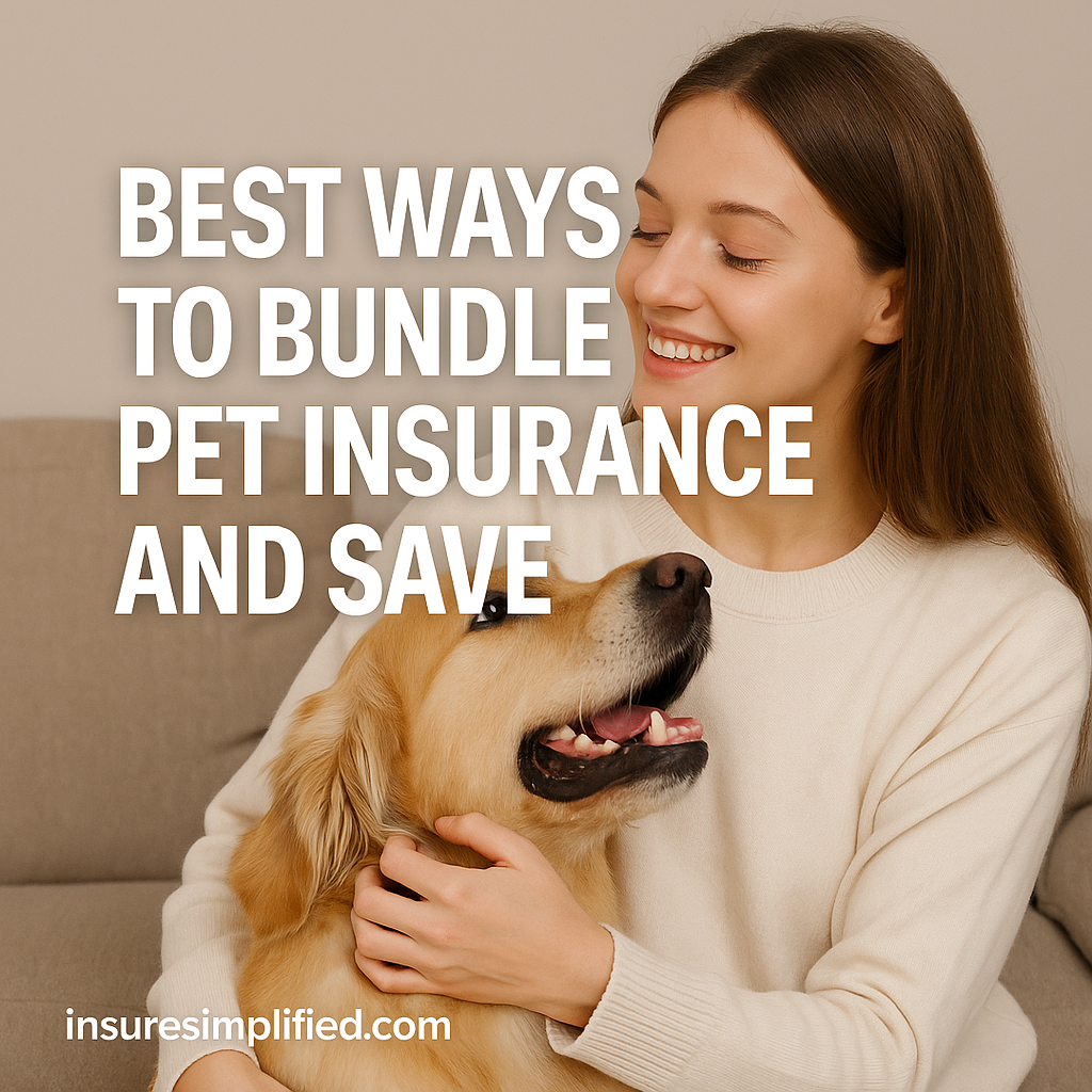 A smiling woman sits indoors petting her happy golden retriever, with the title “Best Ways to Bundle Pet Insurance and Save” overlaid on the image and the insuresimplified.com watermark in the bottom left.