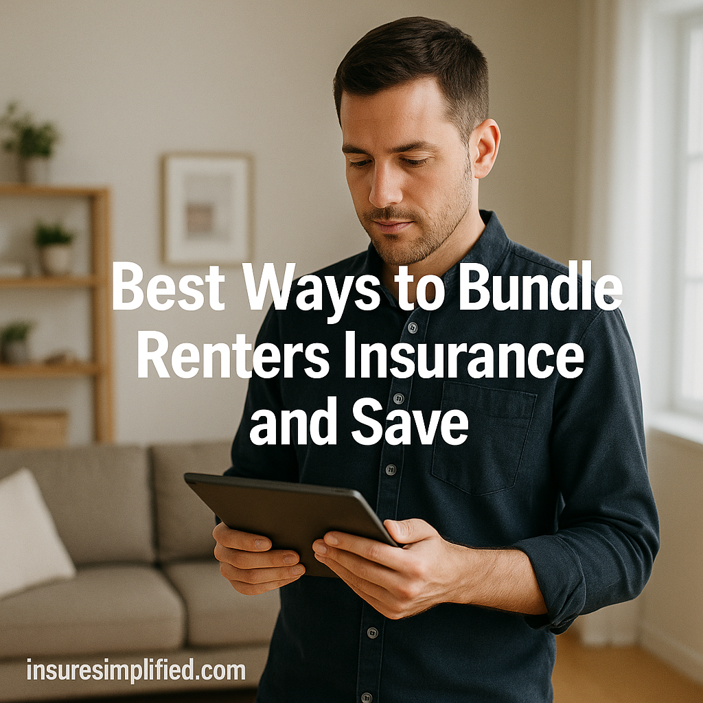 A man standing in a modern living room while reviewing renters insurance details on a tablet, with the title “Best Ways to Bundle Renters Insurance and Save” displayed on the image.