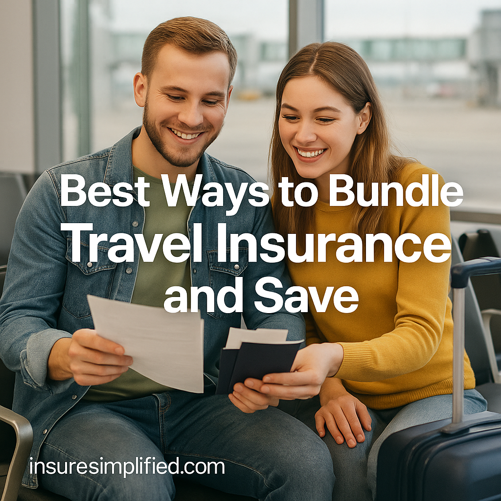 A young couple sitting in an airport terminal reviewing travel documents together, with the title “Best Ways to Bundle Travel Insurance and Save” overlaid on the image and the insuresimplified.com watermark in the bottom left.