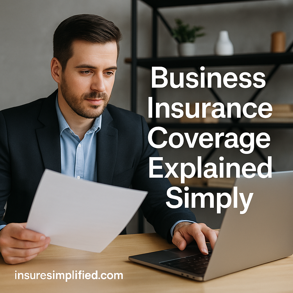 Man sitting at a desk reviewing a business insurance document while using his laptop.
