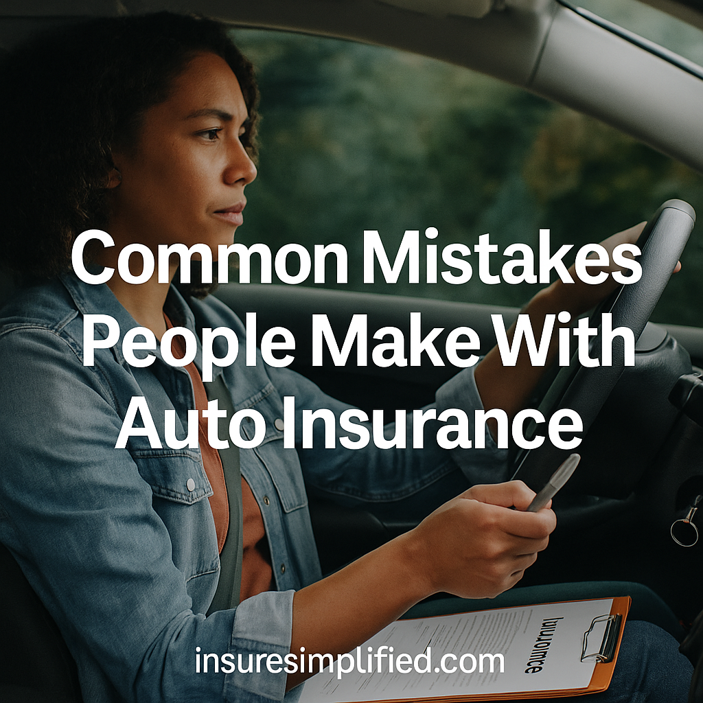 Woman driving a car while holding paperwork, with the overlaid title “Common Mistakes People Make With Auto Insurance” and an insuresimplified.com watermark.