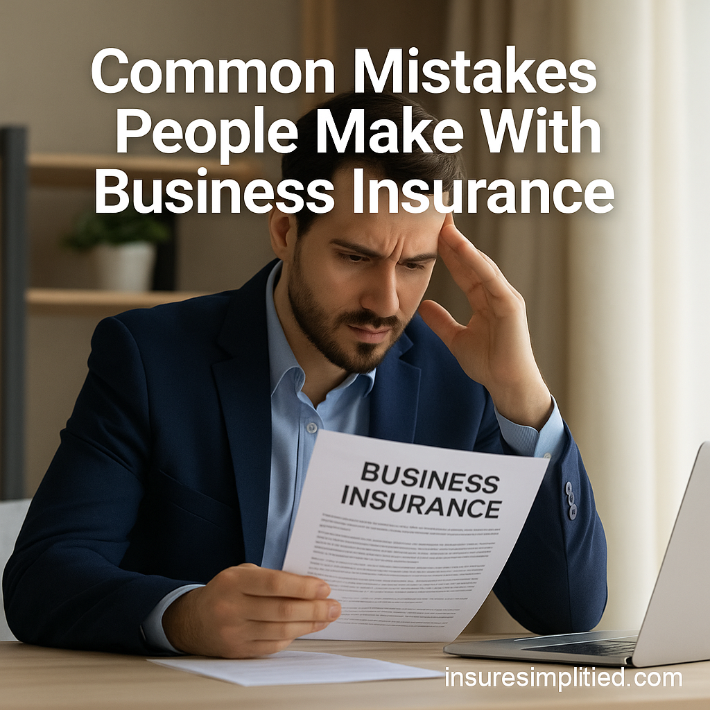 Man in a navy-blue suit reviewing a Business Insurance document with a concerned expression, featuring the overlaid title “Common Mistakes People Make With Business Insurance” and an insuresimplified.com watermark.