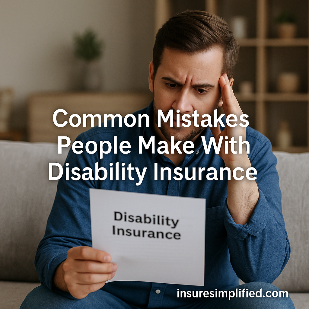 Man sitting on a sofa reviewing a Disability Insurance document with a stressed expression, featuring the overlaid title “Common Mistakes People Make With Disability Insurance” and an insuresimplified.com watermark.