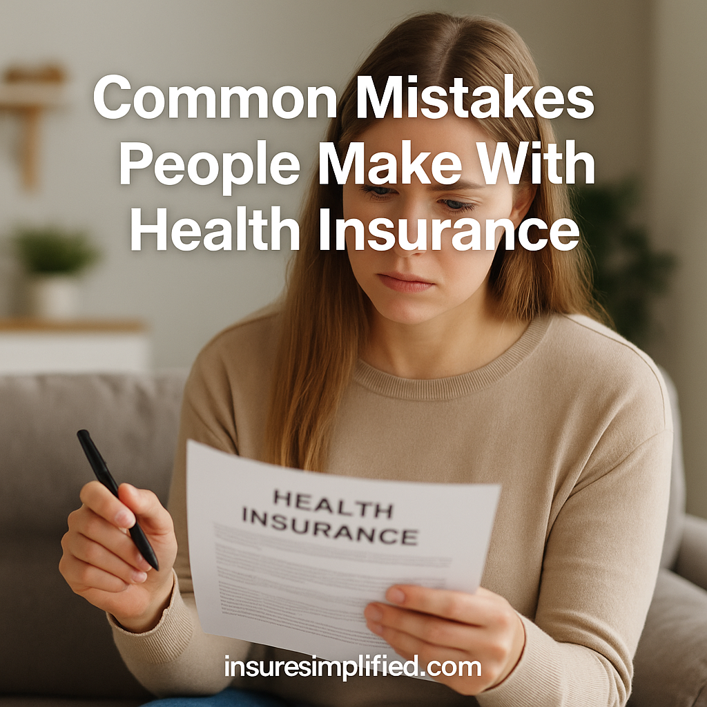 Young woman reviewing a health insurance document with a concerned expression while sitting on a sofa, featuring the overlaid title “Common Mistakes People Make With Health Insurance” and an insuresimplified.com watermark.