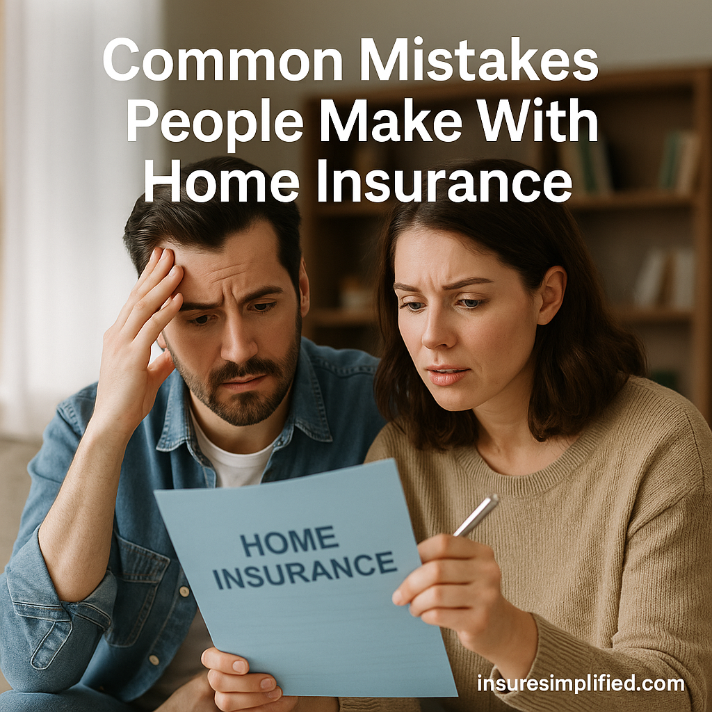 A man and woman sitting together in a living room reviewing a Home Insurance document with concerned expressions, featuring the overlaid title “Common Mistakes People Make With Home Insurance” and an insuresimplified.com watermark.
