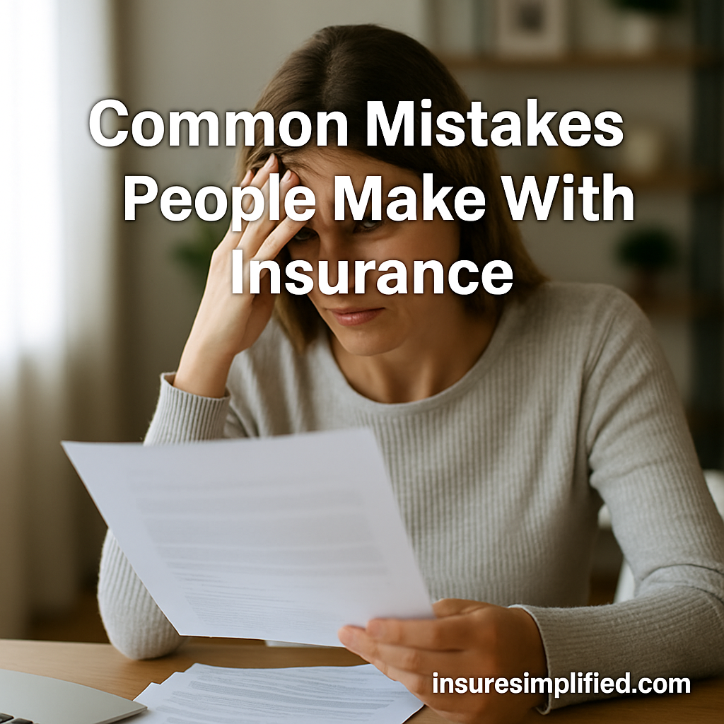 Woman looking stressed while reviewing insurance paperwork at home, with the overlaid title “Common Mistakes People Make With Insurance” and an insuresimplified.com watermark.