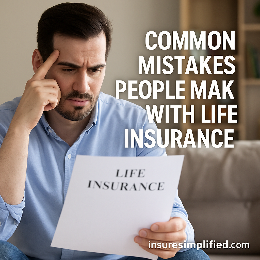Man sitting in his living room reviewing a Life Insurance document with a worried expression, featuring the overlaid title “Common Mistakes People Make With Life Insurance” and an insuresimplified.com watermark.