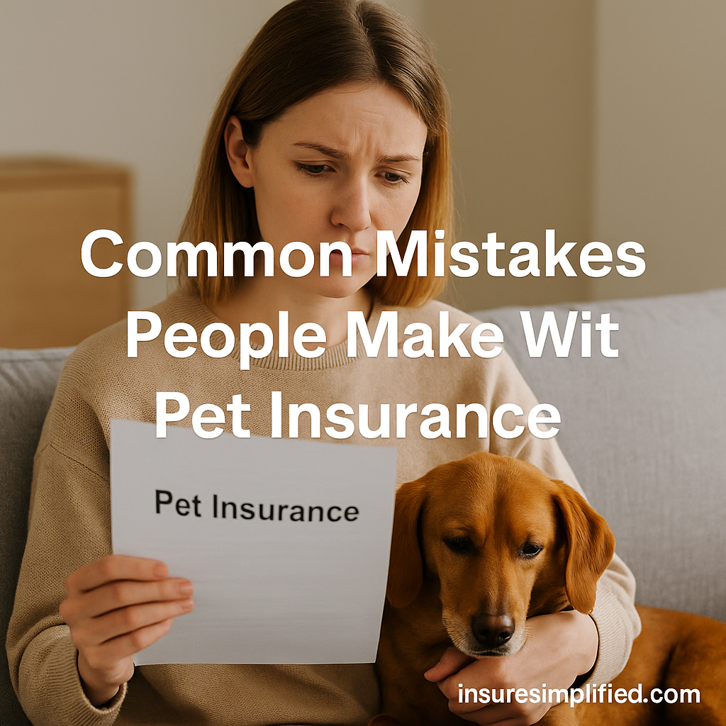 Young woman reviewing a pet insurance document while holding her dog, with the overlaid title “Common Mistakes People Make With Pet Insurance” and an insuresimplified.com watermark.